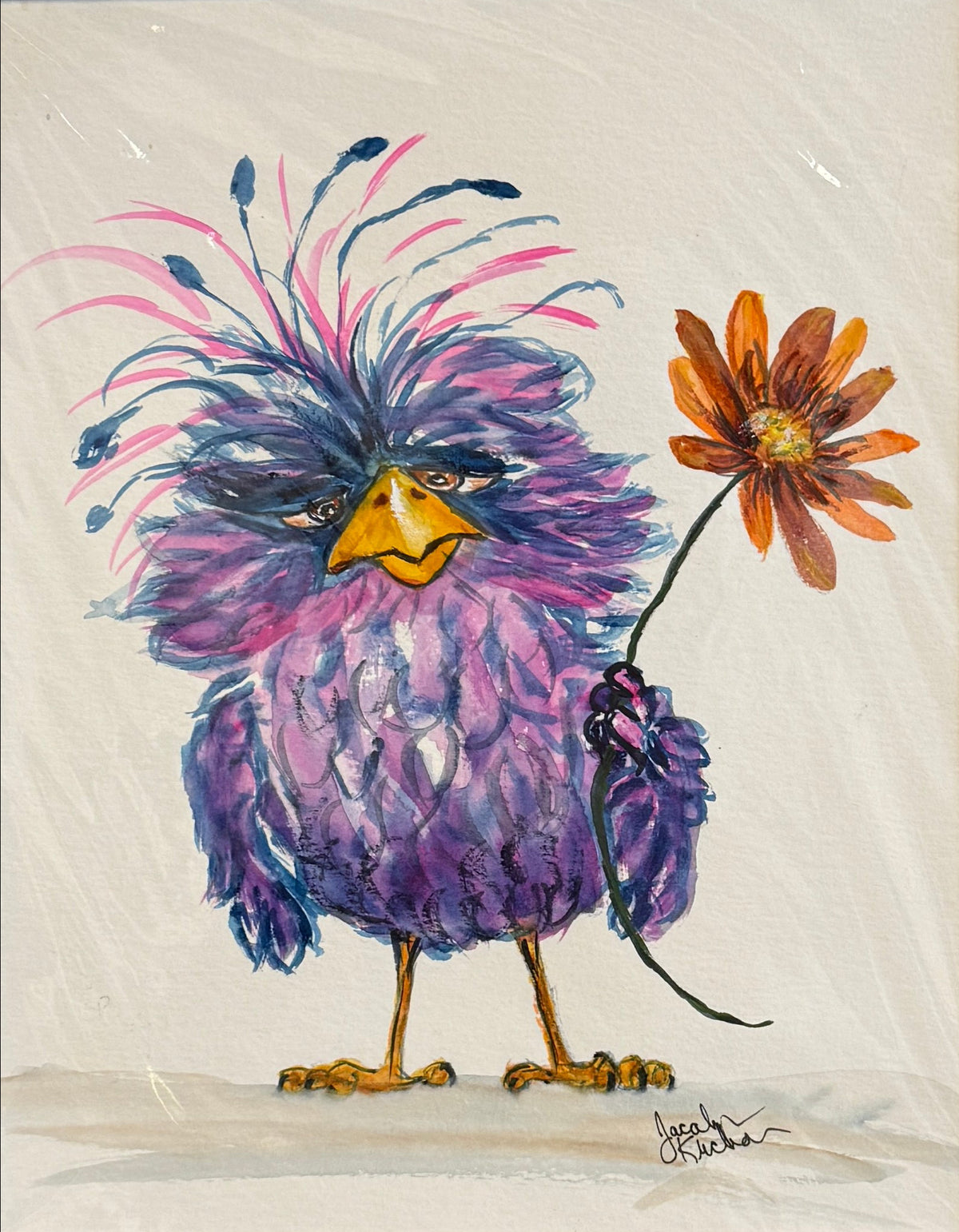 A watercolor art print featuring a whimsical purple bird with pink and blue feather accents holding an orange flower, set against a cream background.