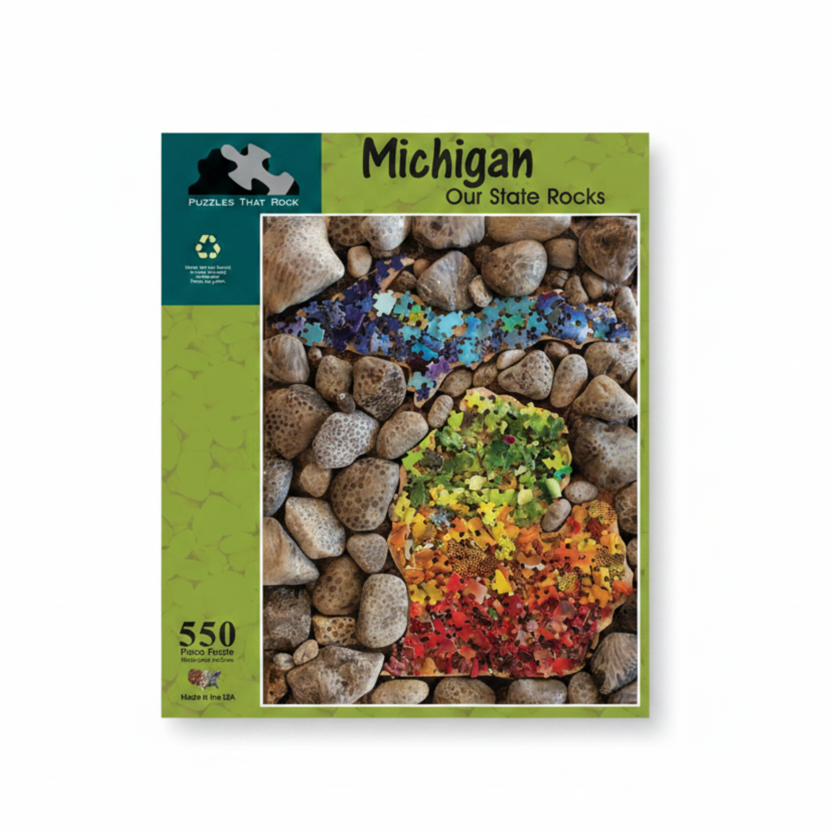 Michigan Our State Rocks 550-piece jigsaw puzzle box by Puzzles That Rock, featuring a colorful mosaic of  puzzle pieces in the shape of MI on top of an array of Petoskey stones.