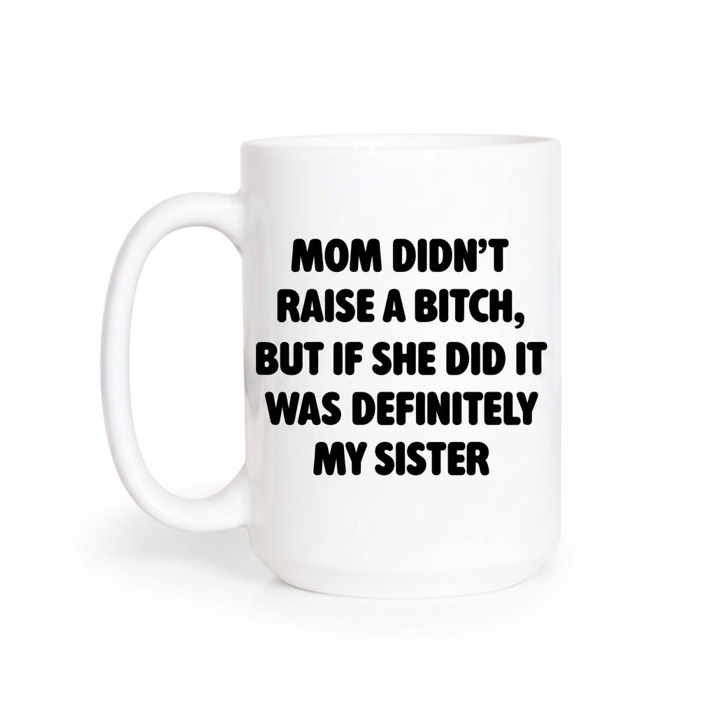 White mug with black text on a white background
