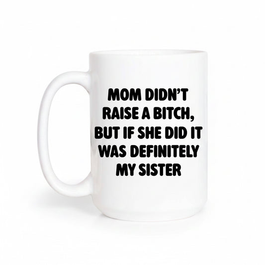 White mug with black text on a white background