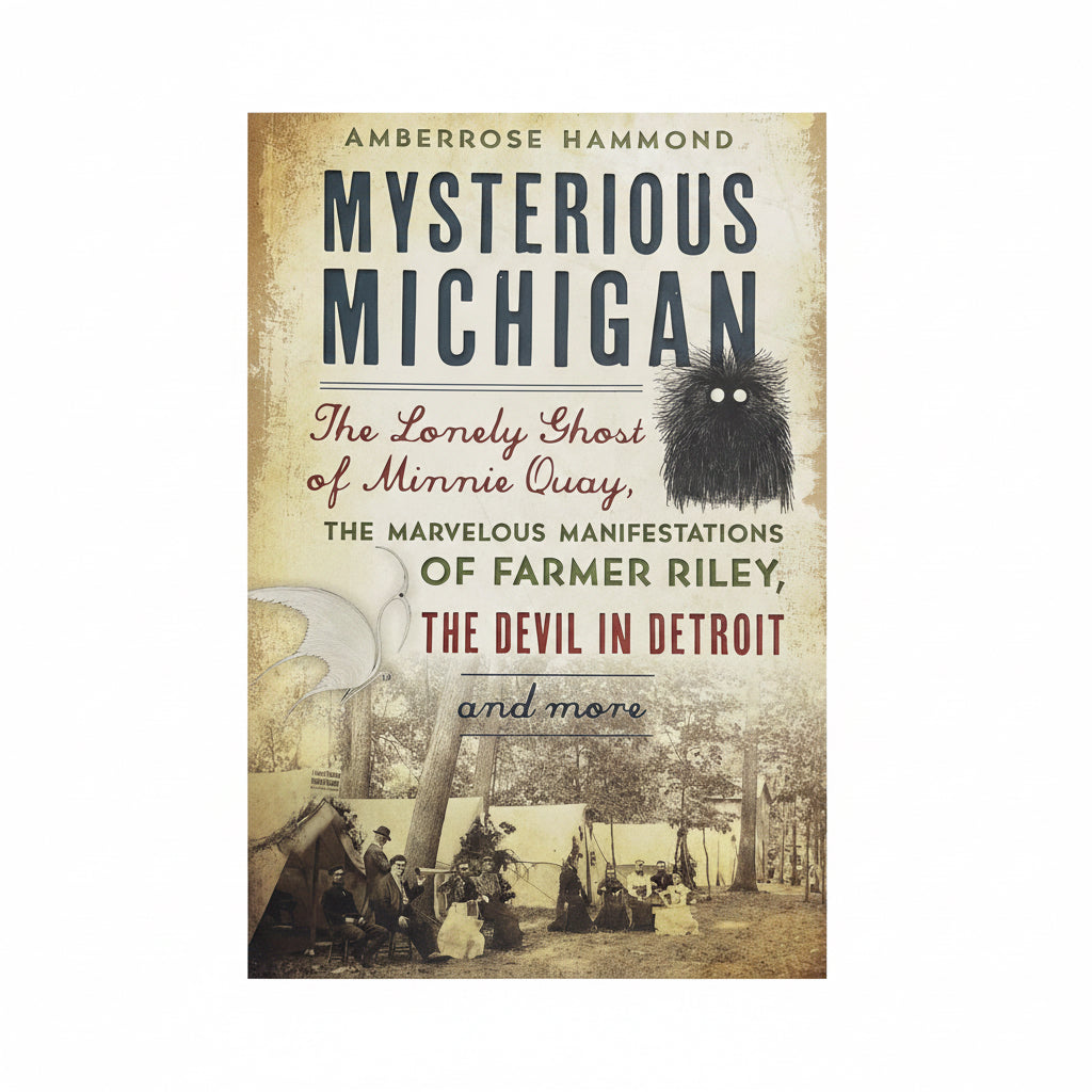 Book cover of 'Mysterious Michigan' featuring a title and author name, AmberRose Hammond, with a background image of a ghostly figure and vintage Michigan roadside attractions.