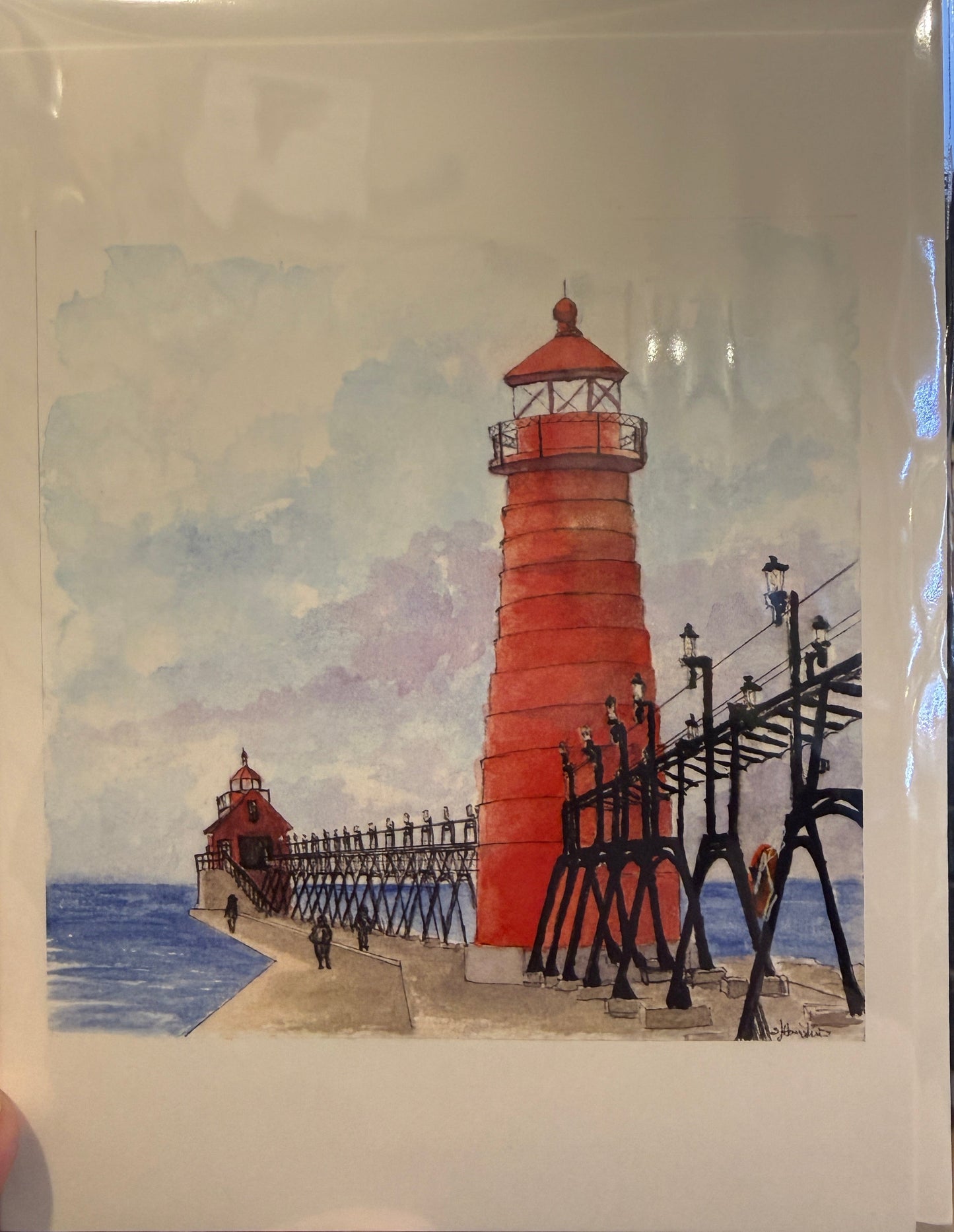 Promenade for Lighthouse with Calm Water Blank Greeting Card