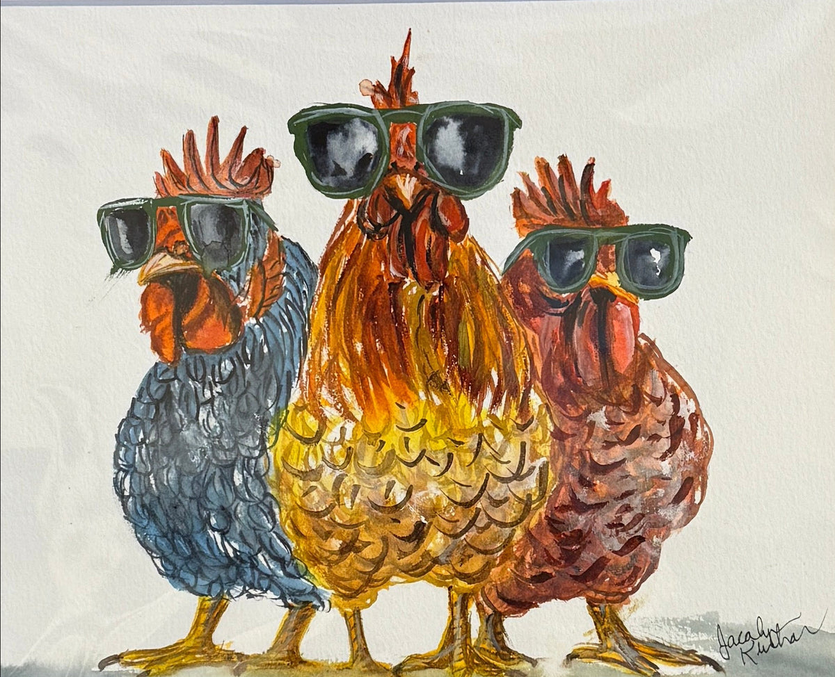 A watercolor art print featuring three stylized chickens wearing black sunglasses.