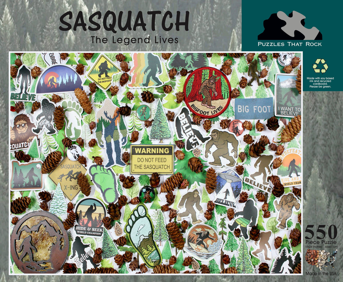 A 550-piece jigsaw puzzle featuring various Sasquatch-themed stickers and patches, assembled to form a larger Sasquatch theme.