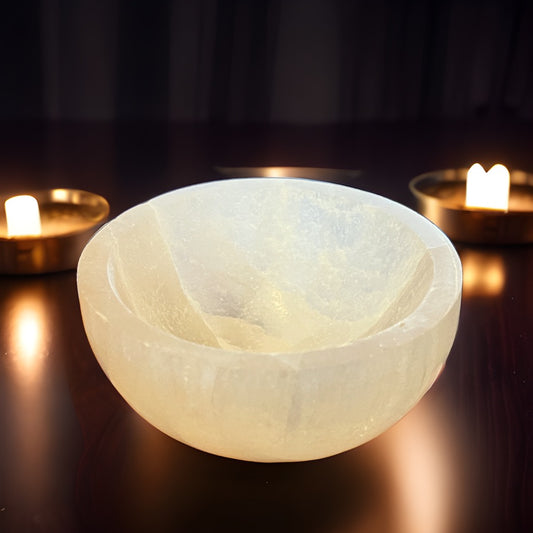 Carved white selenite bowl sitting on a reflective black counter with candle flame behind it.