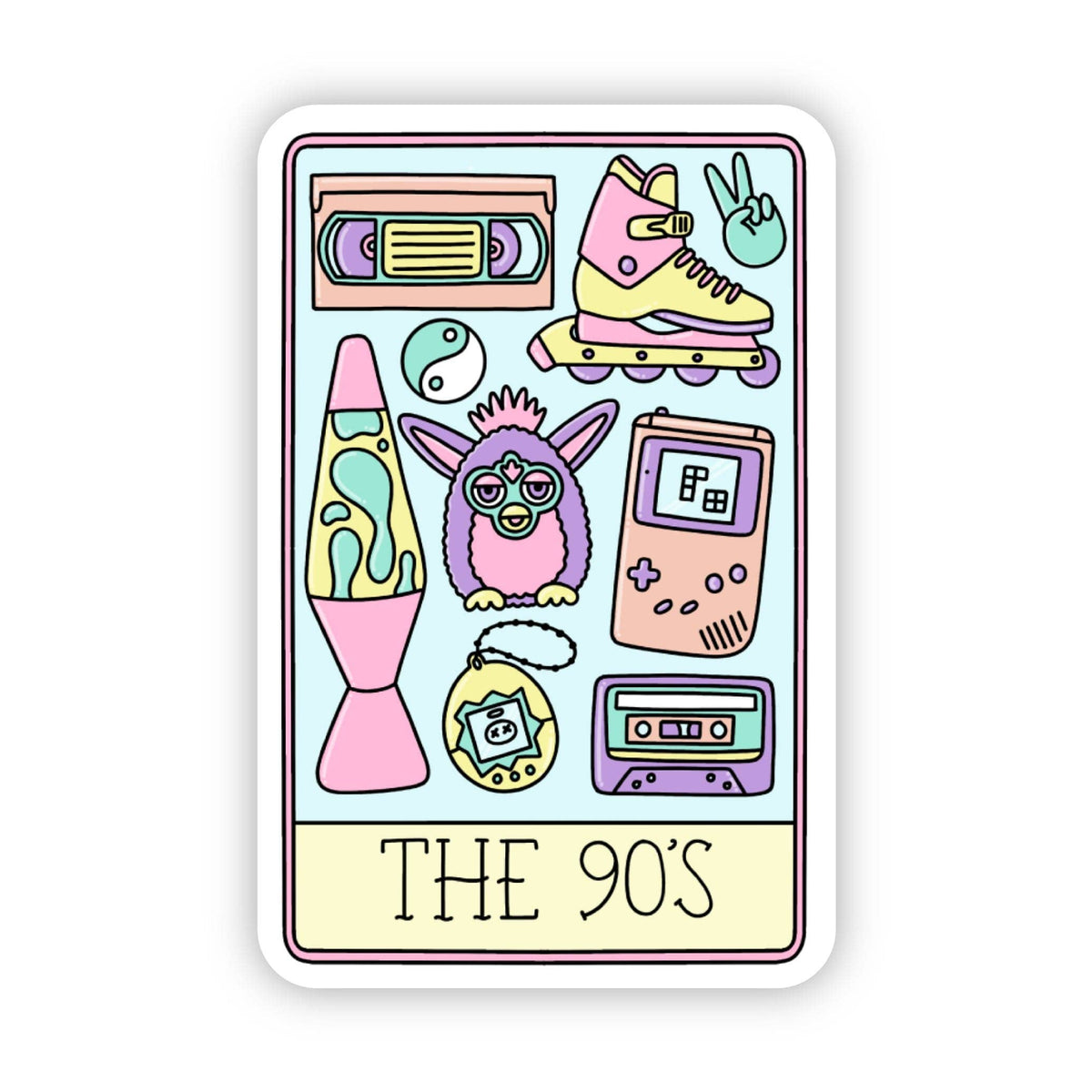 Sticker with 90s-themed illustrations on a white background