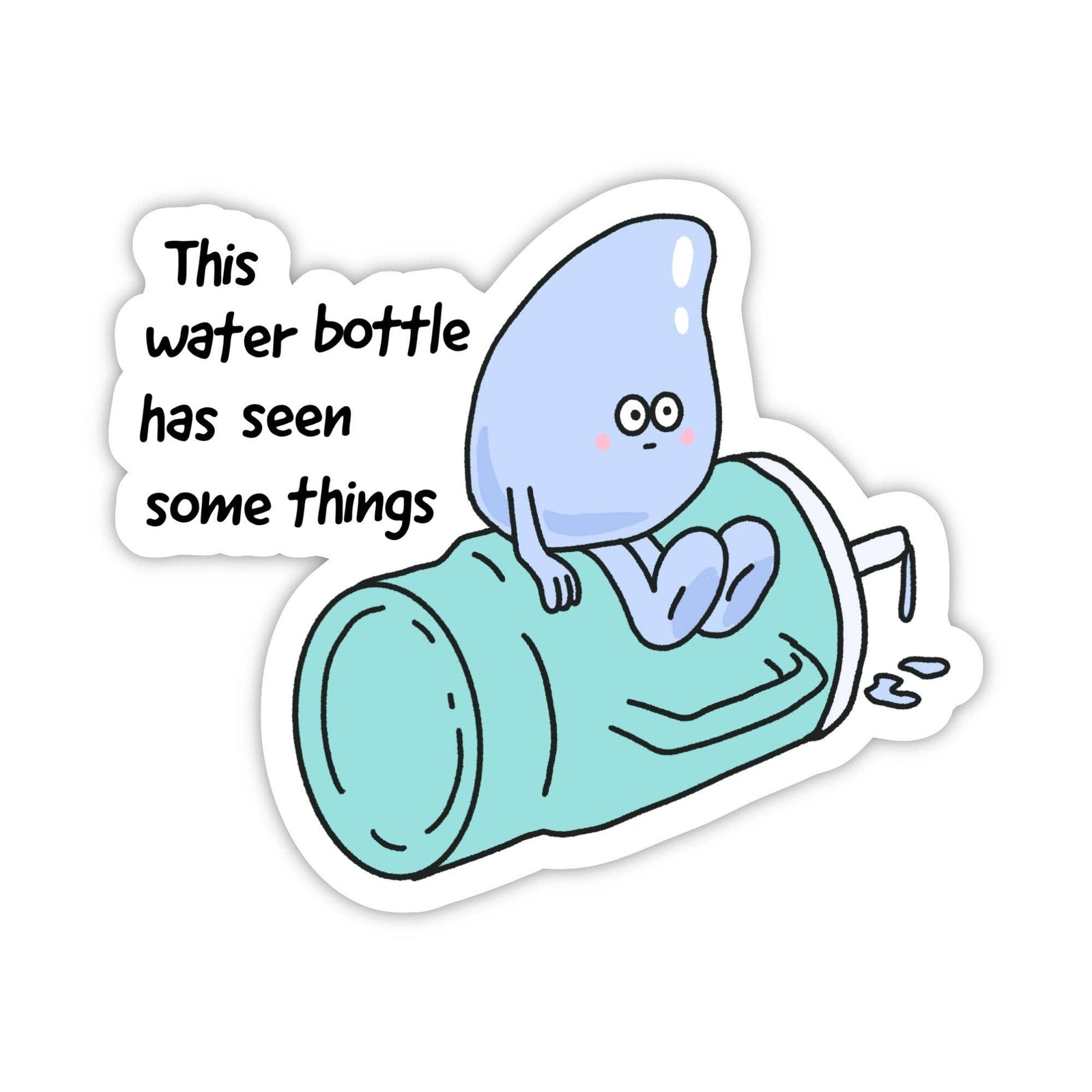 Cartoon water bottle character with text 'This water bottle has seen some things' on a white background