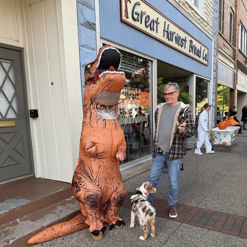 A person wearing a large orange T-Rex dinosaur costume stands on a city sidewalk next to a shop storefront, with a small dog in front of them. A man in casual clothing stands nearby, and other pedestrians are visible in the background.