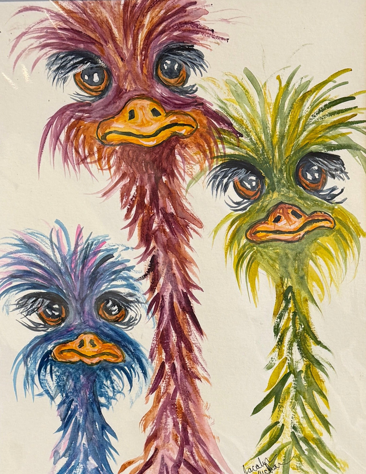 A colorful watercolor-style illustration of three ostrich heads on a white background, with one tall reddish ostrich in the center and two shorter blue and green ostriches on either side.