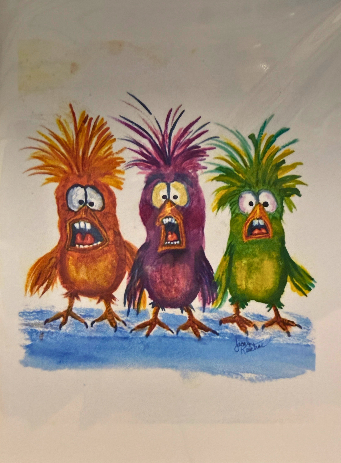 A colorful cartoon painting of three screaming bird-like creatures with spiky hair, standing on a blue patch of ground against a beige background.