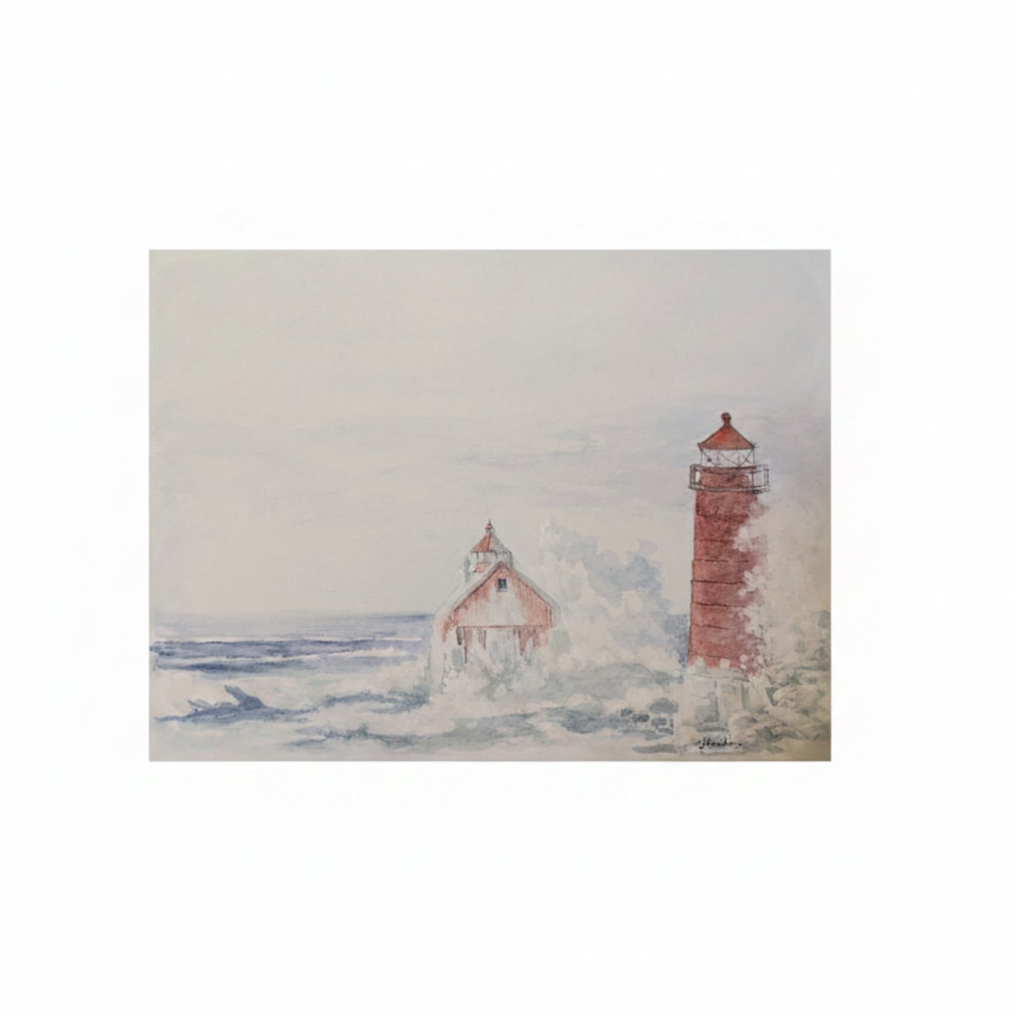 Watercolor print of Grand Haven's iconic lighthouses during a winter storm. 