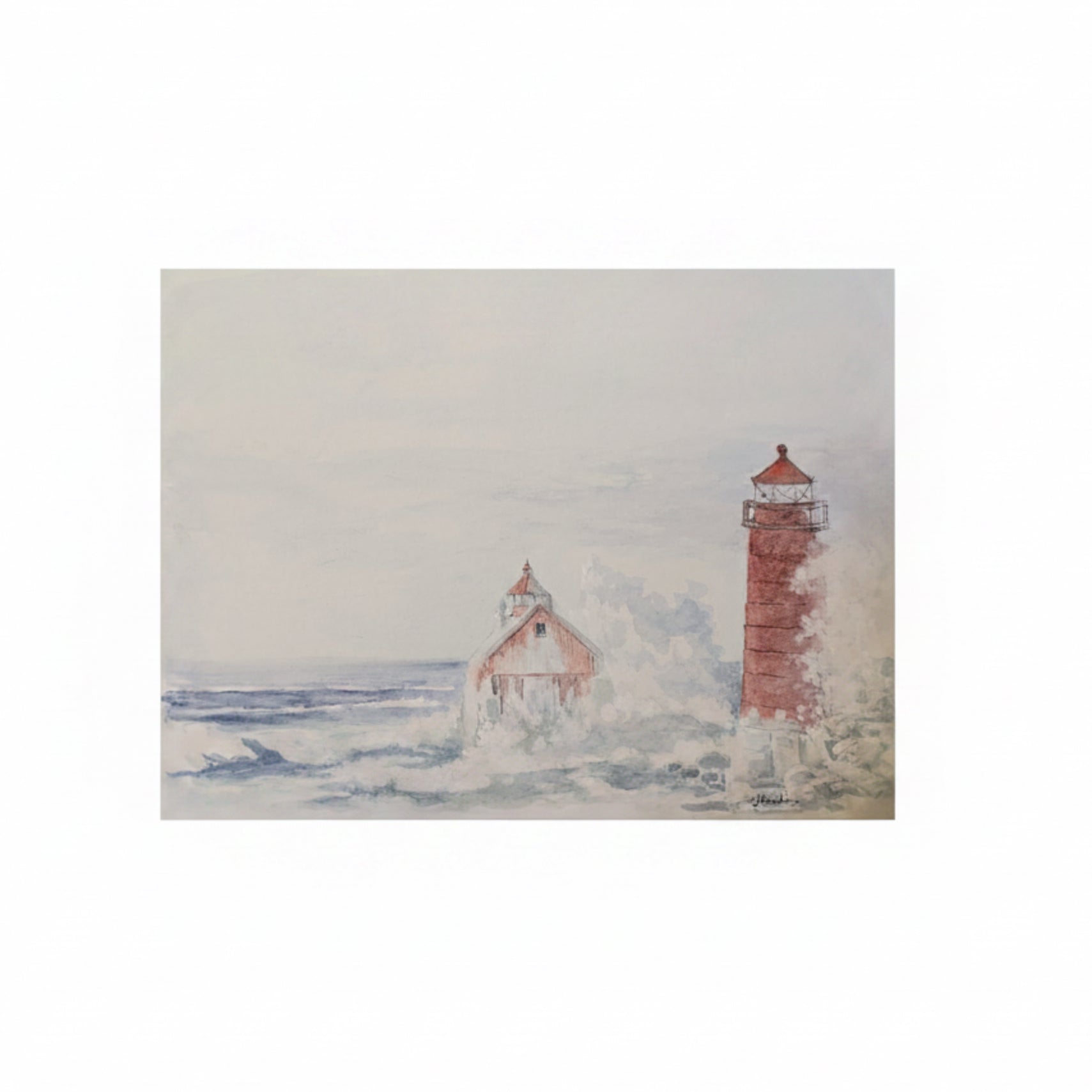 Watercolor print of Grand Haven's iconic lighthouses during a winter storm. 
