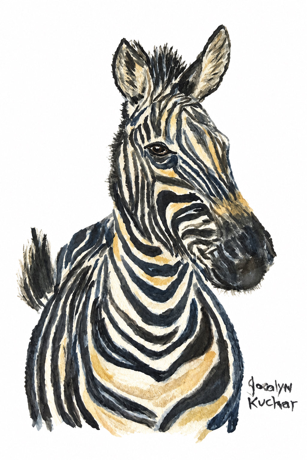 A watercolor painting of a zebra on a white card. The artwork features black and dark blue-gray stripes with subtle warm beige and yellow undertones.