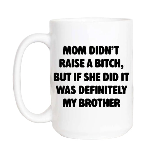 White mug with black text on a white background