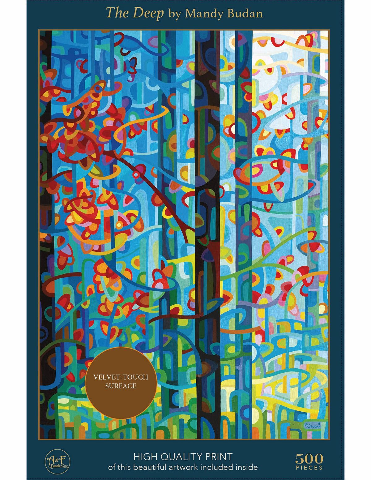 Colorful abstract artwork of trees on a box, featuring Mandy Budan's 'The Deep'.