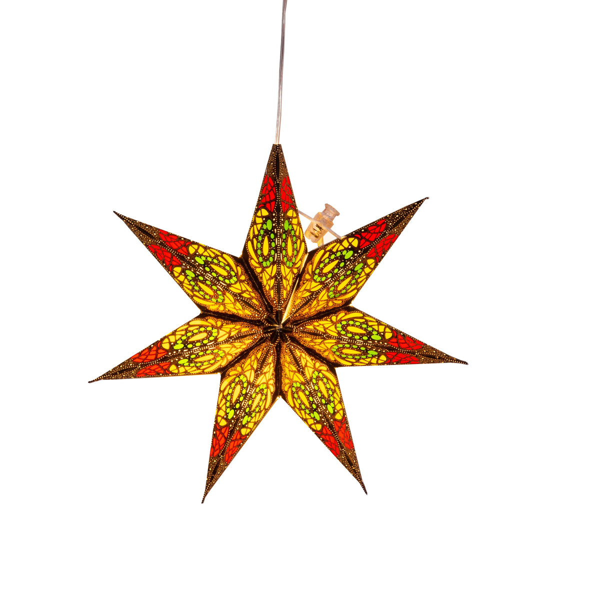 Fe Jama black w/ red / yellow / green Paper Star Lantern Light, - 7 Pointer 8 inch -