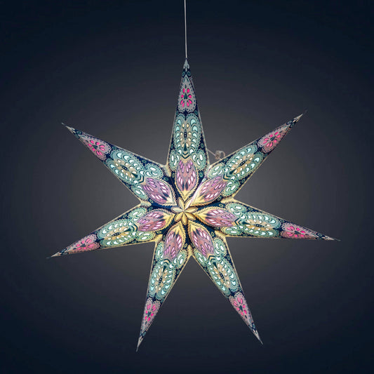Phoenix 7 Point 23" Turquoise w/ Glitter Paper Star Lantern Light