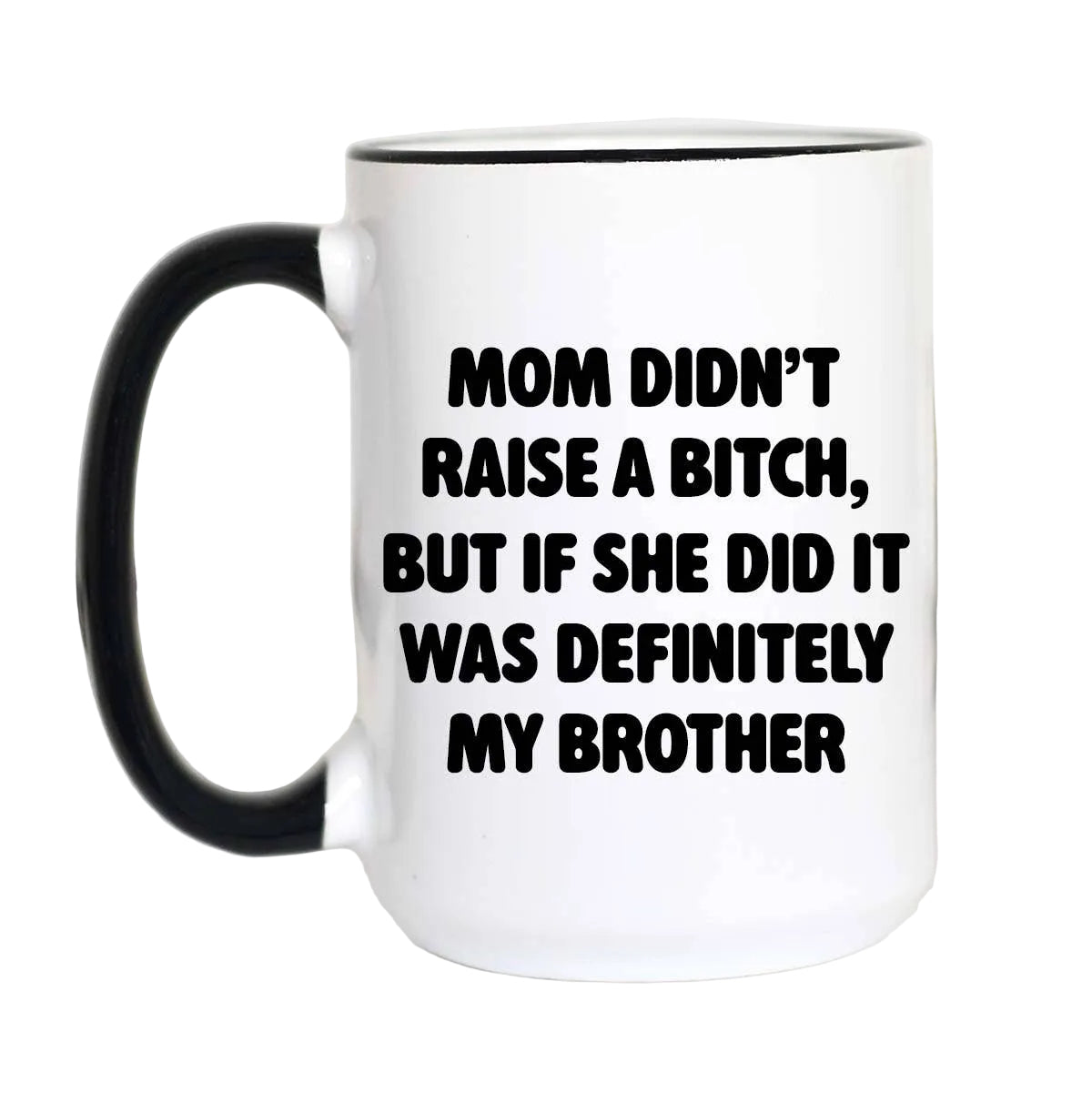 White mug with black text on a white background