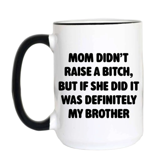 White mug with black text on a white background