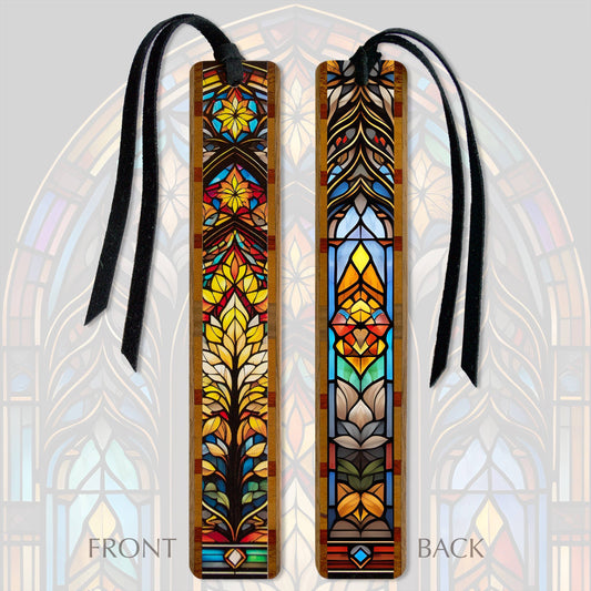 Stained glass-style bookmarks with black ribbons on a decorative background