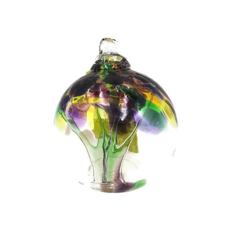 Hand-blown clear glass hanging ball ornament with  accent colors of  purple, yellow and green.