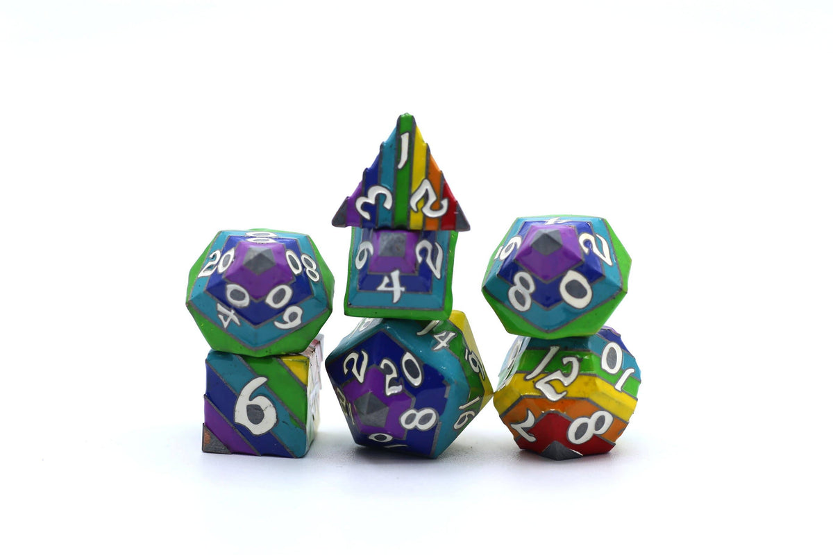 Rainbow Pride solid metal dice set - White Lettering