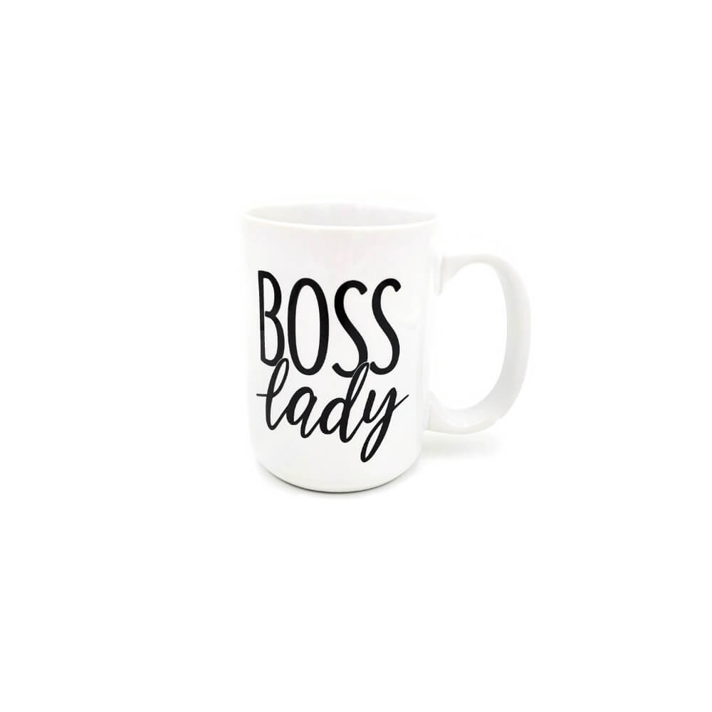 White coffee mug with the words "Boss Lady" written in black font on both sides.
