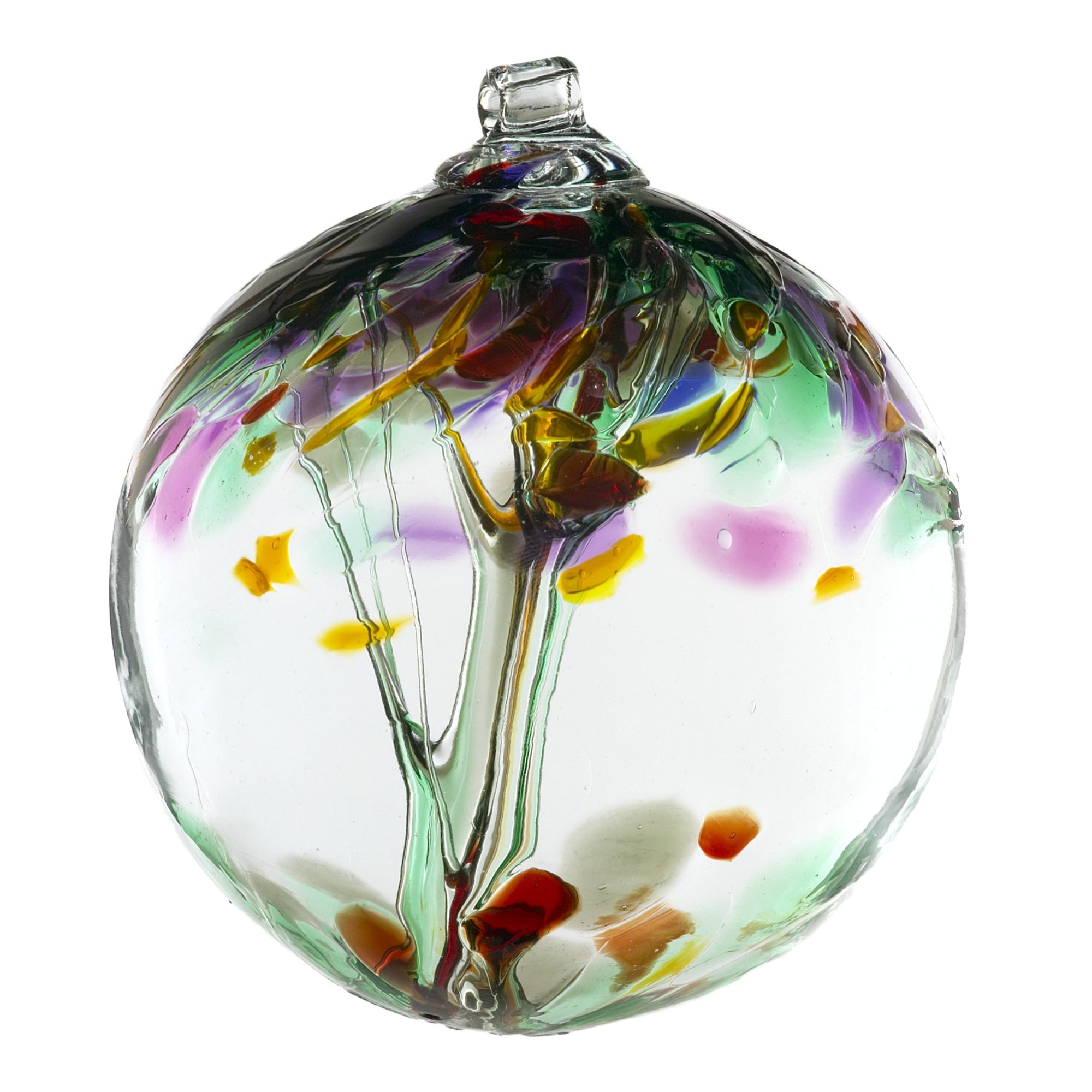 Hand-blown clear glass hanging ball ornament with  accent colors of  purple, yellow and green.