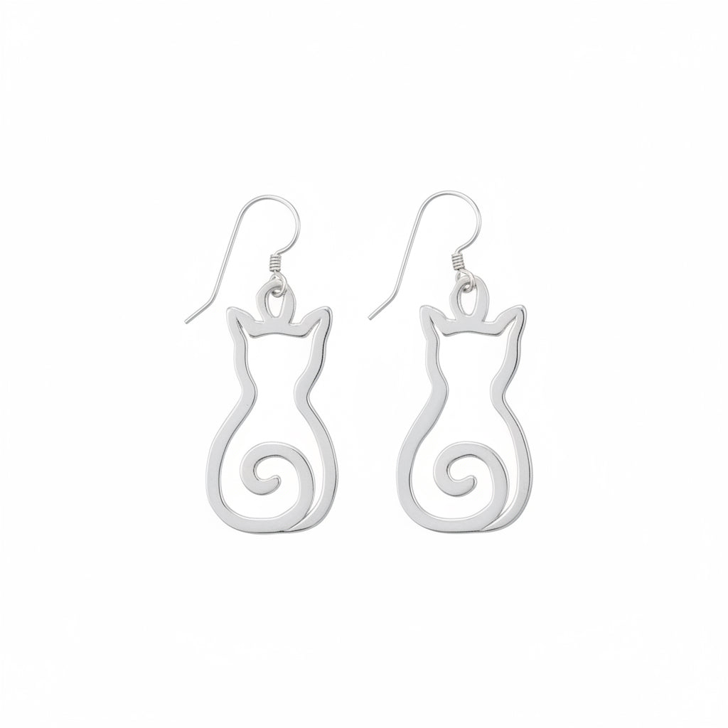 A pair of silver-colored earrings with a cat design, displayed against a white background.