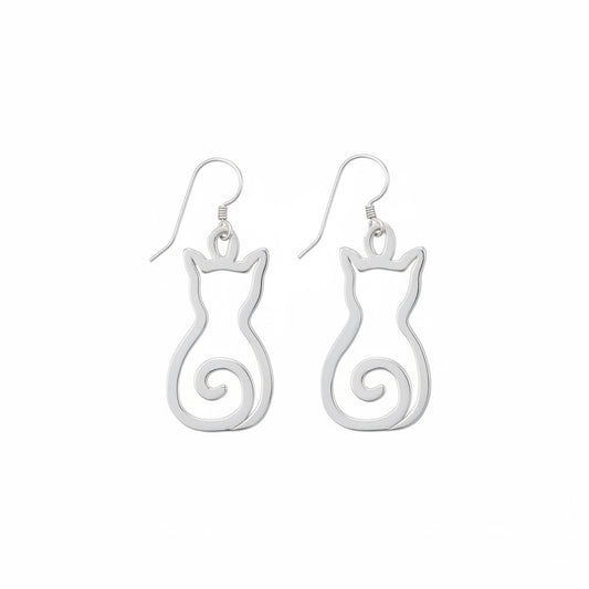 A pair of silver-colored earrings with a cat design, displayed against a white background.