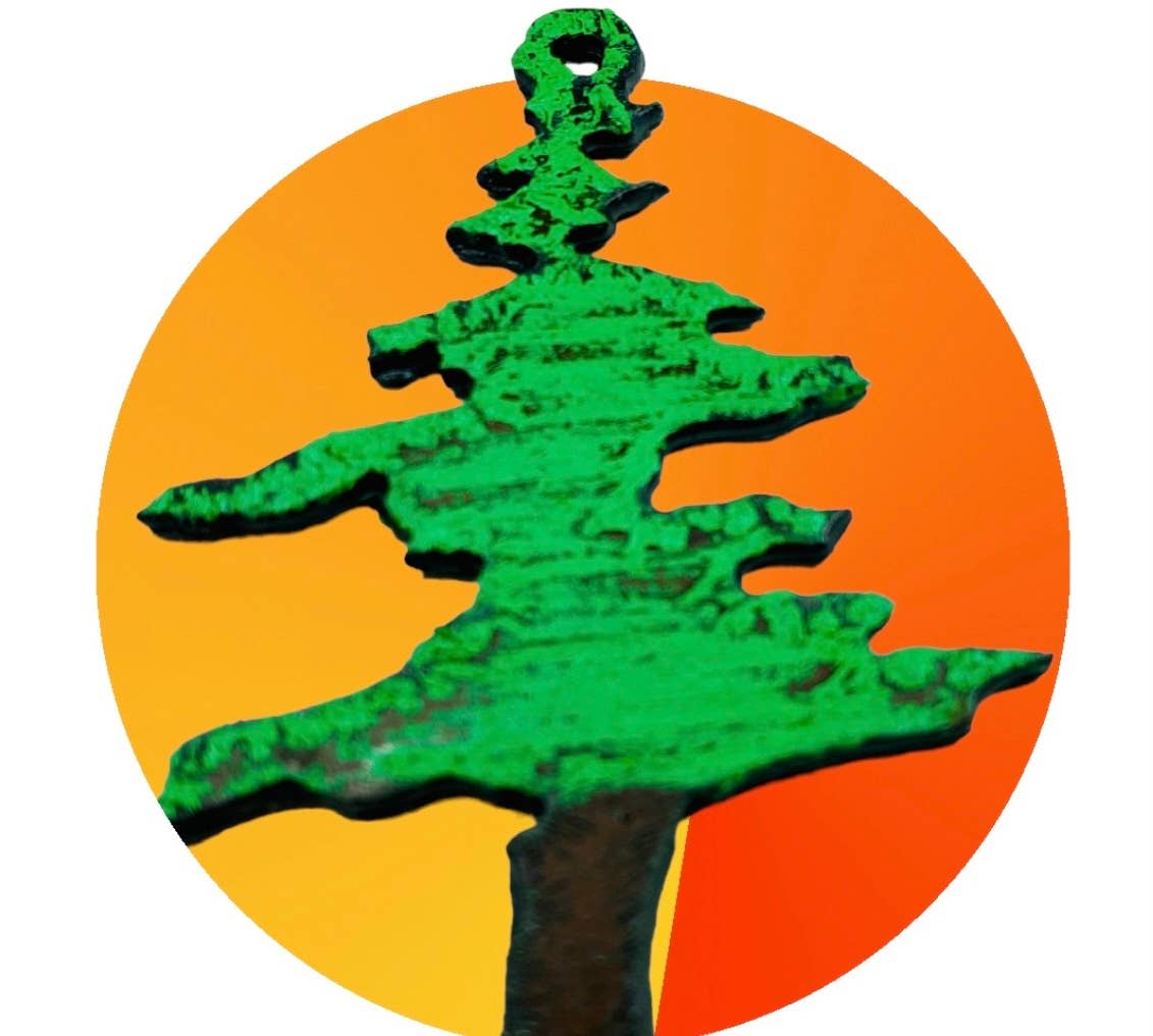 Oddly shaped fir tree cut from metal with a brown painted trunk and green painted body. Loop cut at the top for use as an ornament, pendant or charm.