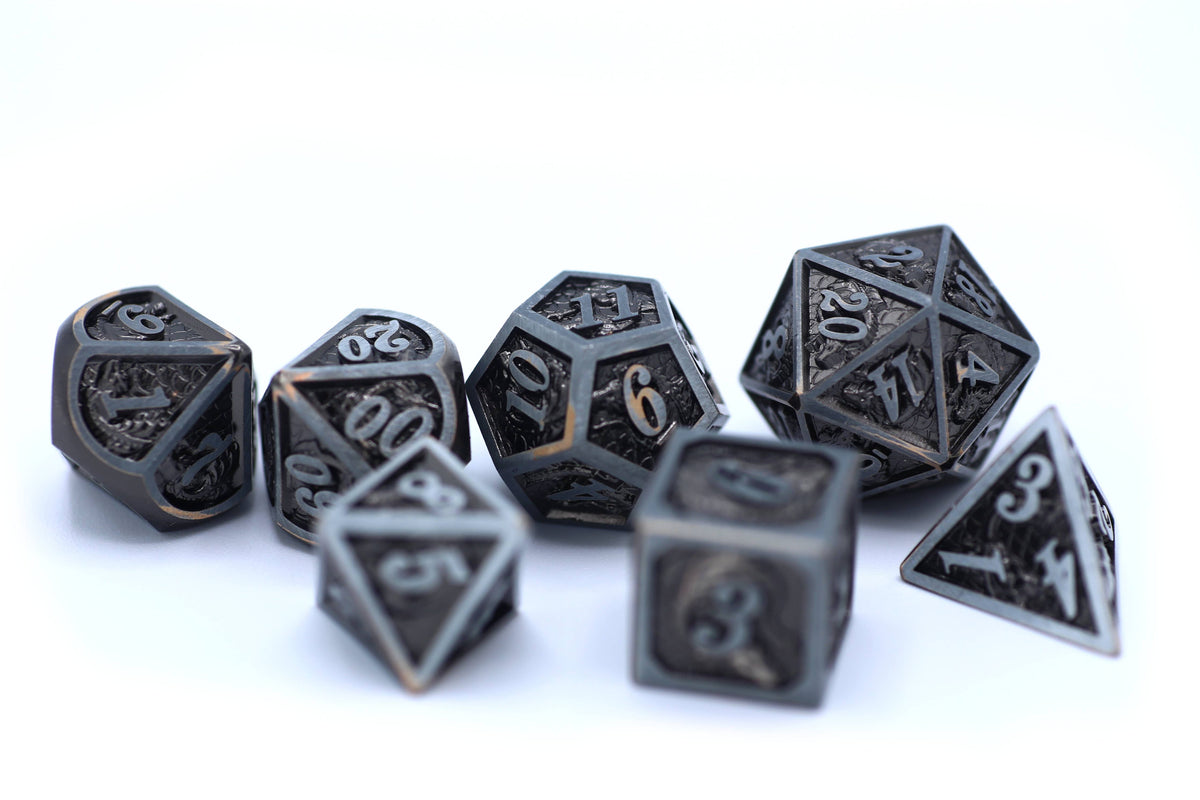 Iron Black Solid Metal Dragon Polyhedral Dice Set
