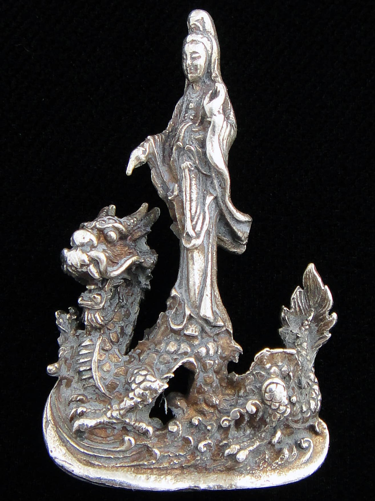 Brass Deity Statuette -Small- Quan Yin on Dragon